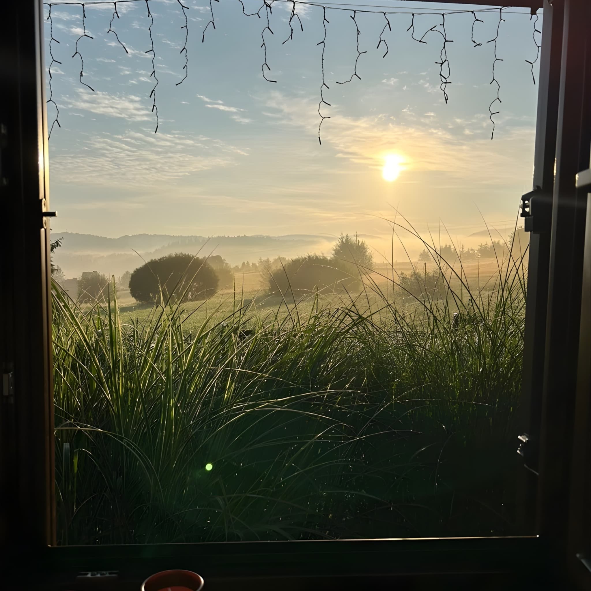 Wschód słońca nad Beskidem Żywieckim - widok z okna domu w Soblówce